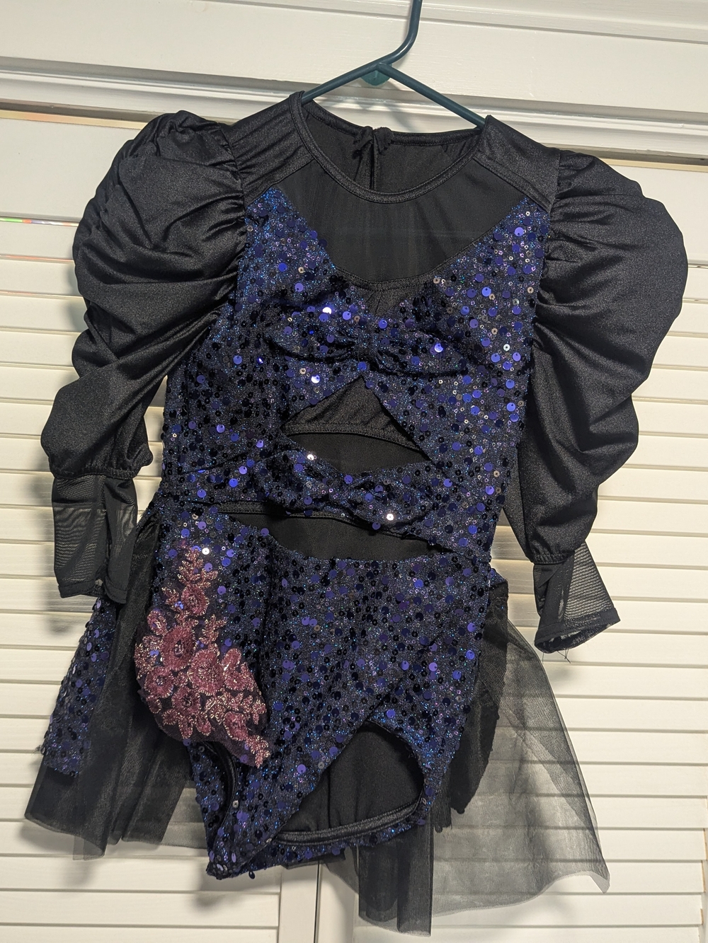 Weissman Black and Purple Sequin Dance Costume with Pink Floral Accent
